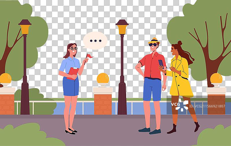 城市游览，女导游向游客展示景点图片素材