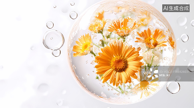 【AI数字艺术】水泡中的黄色花朵图片素材