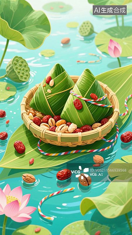 【AI数字艺术】端午节粽子与荷叶图片素材