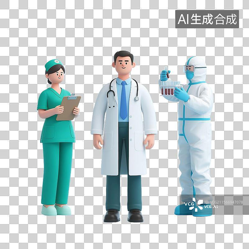 【AI数字艺术】3D渲染卡通人物，医生，护士，医学博士，医疗团队，研究团队，职业，劳动节，免抠元素图片素材