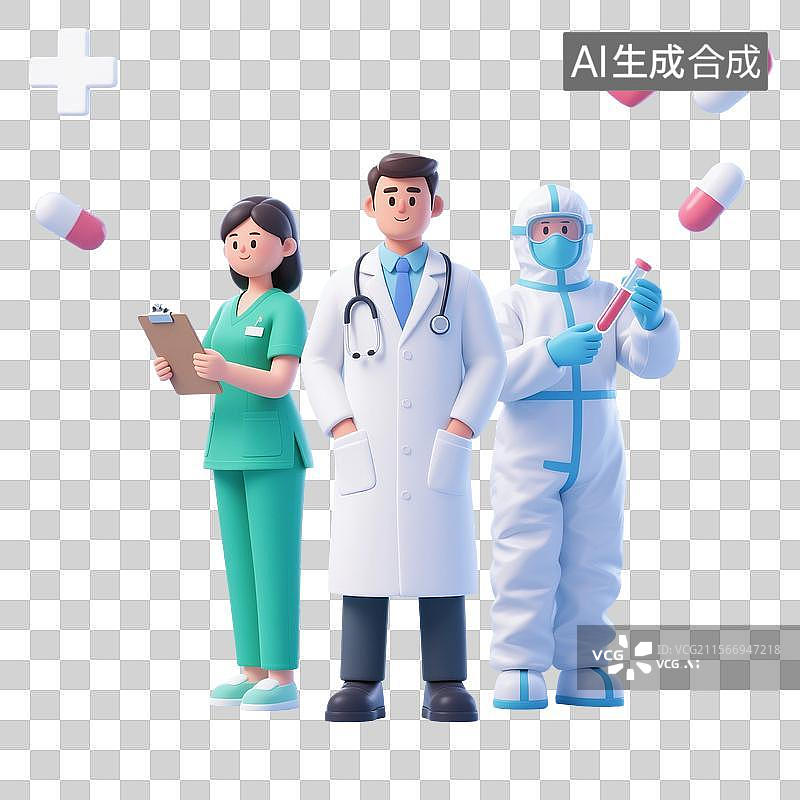 【AI数字艺术】3D渲染卡通人物，医生，护士，医学博士，医疗团队，研究团队，职业，劳动节，免抠元素图片素材