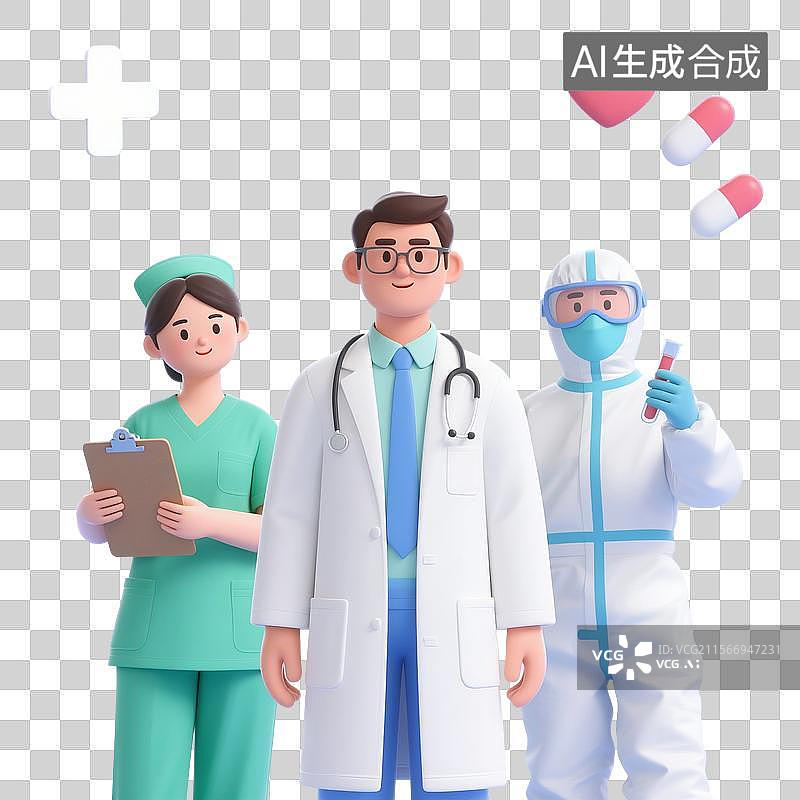 【AI数字艺术】3D渲染卡通人物，医生，护士，医学博士，医疗团队，研究团队，职业，劳动节，免抠元素图片素材