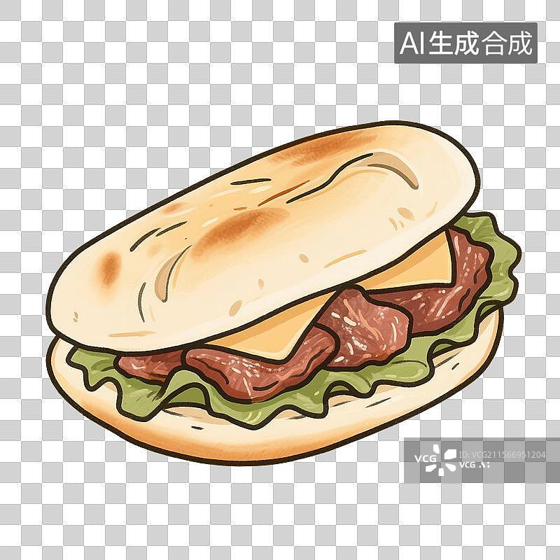 【AI数字艺术】国风手绘插画，驴肉火烧，肉夹馍，中式传统美食小吃，免抠元素图片素材