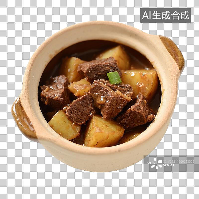 【AI数字艺术】家常菜，下饭菜，红烧牛肉，牛肉土豆煲，砂锅里的焖土豆牛肉图片素材