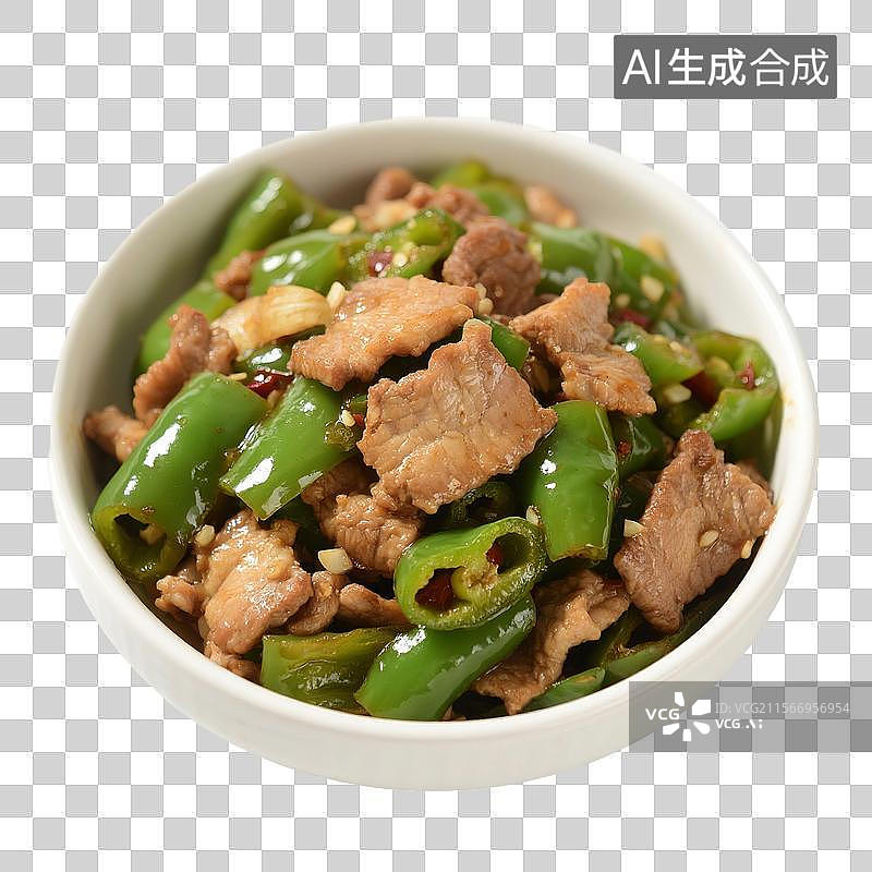 【AI数字艺术】家常菜，下饭菜，青椒炒肉，青椒炒肉片，青椒，猪肉，炒菜，免抠元素图片素材