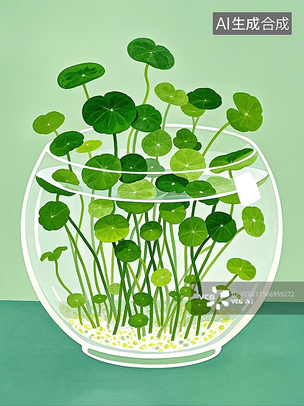 【AI数字艺术】铜钱草，绿植，玻璃缸，植物，绿色，清新图片素材