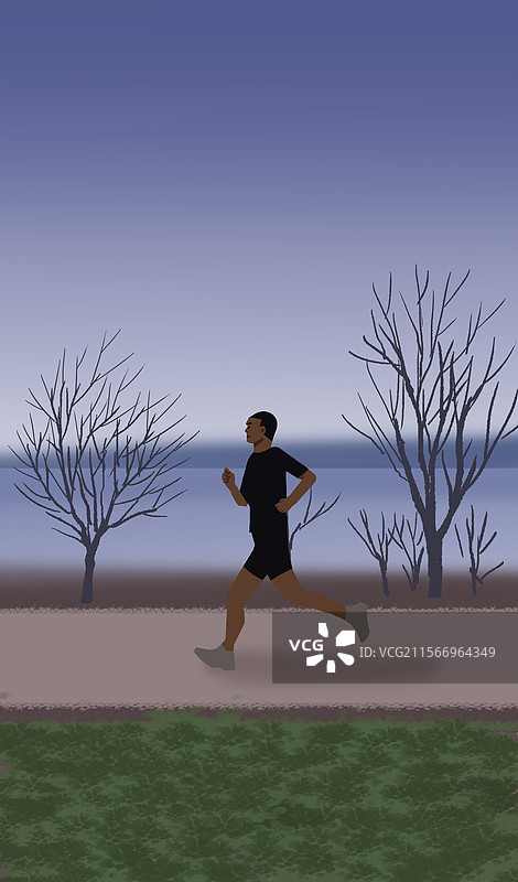 现代年轻人青年早晨晚上凌晨跑步锻炼身体健康不怕困难公园湖边河边河堤风景冬天夏天插画图片素材