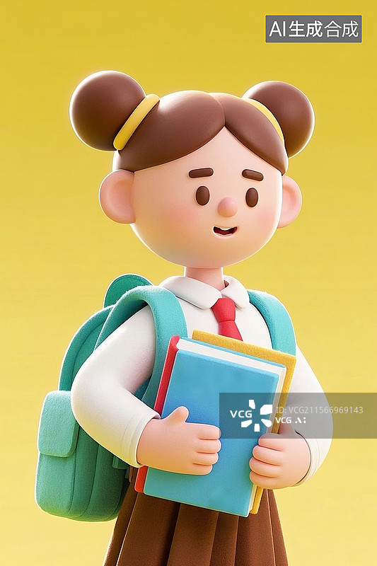 【AI数字艺术】3D卡通毛毡抱着书本的女孩图片素材