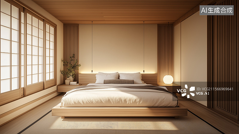 【AI数字艺术】现代奶油色卧室设计图片素材