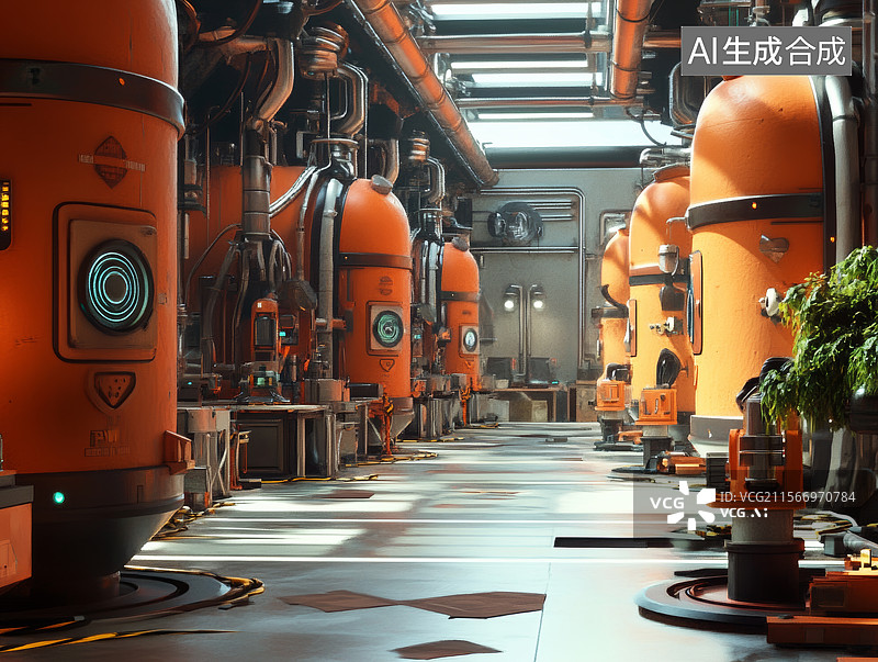 【AI数字艺术】橙色罐体与管道纵深排布的能源工厂车间图片素材