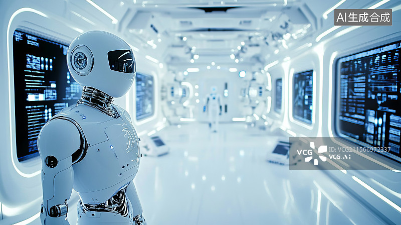 【AI数字艺术】未来白色控制大厅中巡逻的智能机器人图片素材