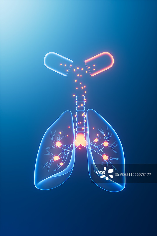 三维渲染蓝色背景下的肺部和胶囊药物图片素材