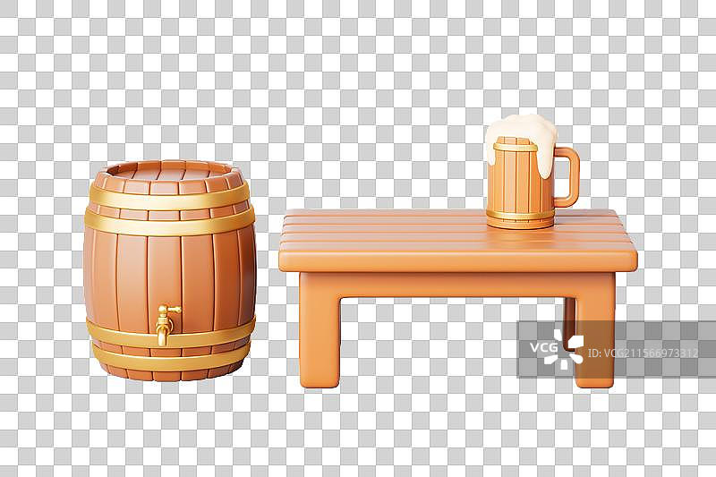 三维渲染酒桶和啤酒杯免抠元素图片素材
