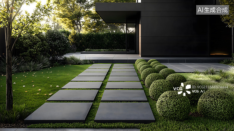 【AI数字艺术】现代黑筑的绿意庭院图片素材