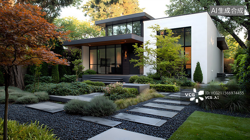 【AI数字艺术】现代黑筑的绿意庭院图片素材