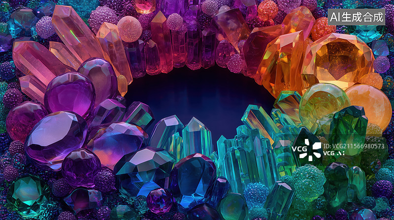 【AI数字艺术】黑底桌面堆积的荧光色华丽五彩宝石晶体3D立体插画图片素材