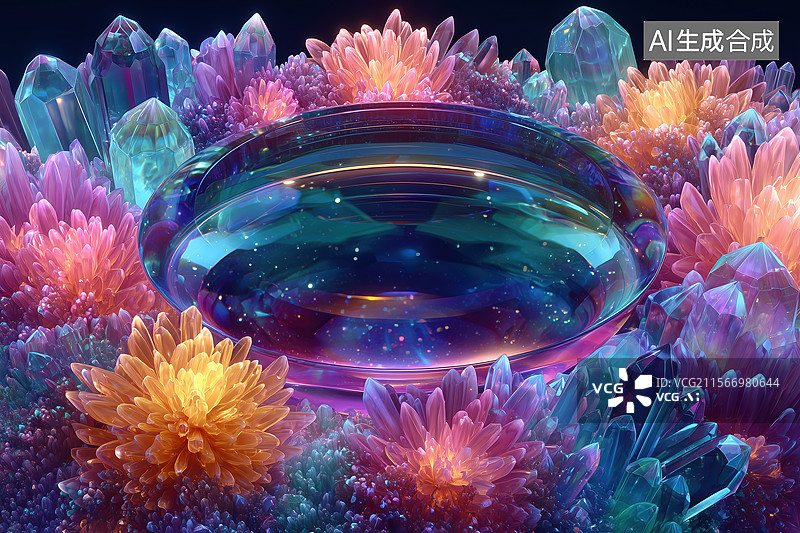 【AI数字艺术】黑底桌面堆积的荧光色华丽五彩宝石晶体3D立体插画图片素材