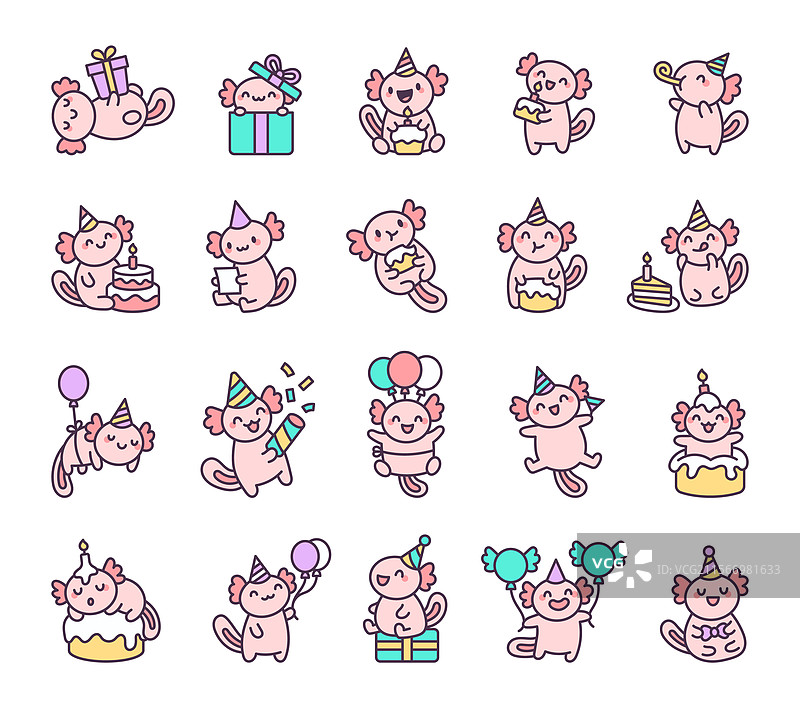 可爱的墨西哥钝口螈生日套装，包含角色设计图片素材