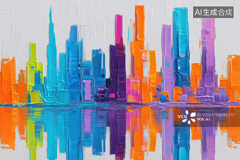 【AI数字艺术】白背景印象派水边现代城市高层建筑倒影厚涂手绘油画插画图片素材