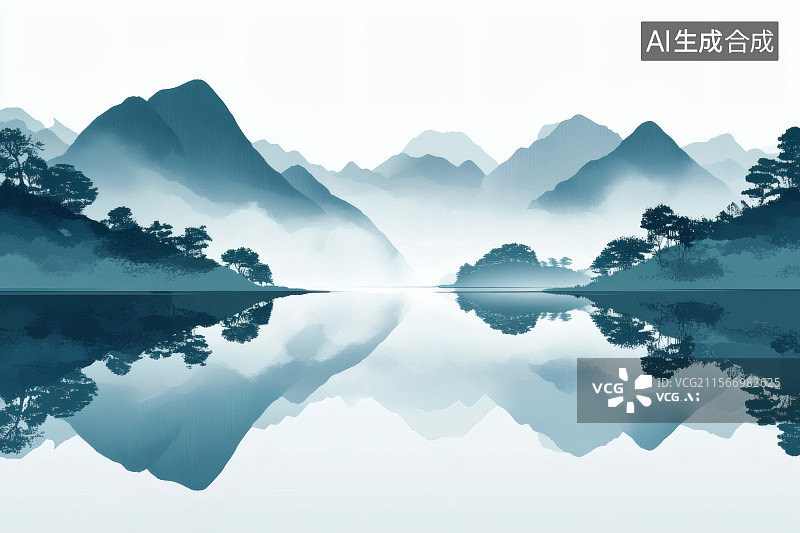 【AI数字艺术】水墨画，中国画，山川树木在湖面倒影图片素材
