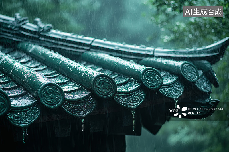 【AI数字艺术】谷雨季节，雨滴打在屋檐上图片素材