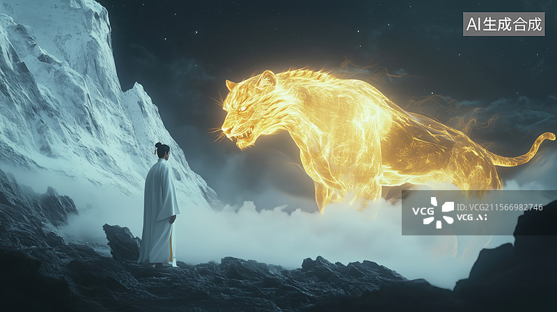 【AI数字艺术】夜晚汉服男子望着天空的金色神兽白虎3D游戏特效插画图片素材
