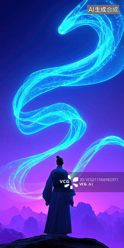 【AI数字艺术】夜晚霞光下汉服男子望着天空飞舞的蛇3D游戏特效插画图片素材
