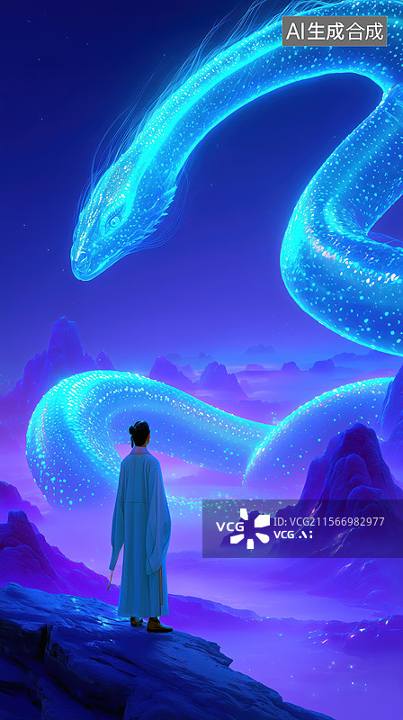 【AI数字艺术】夜晚霞光下汉服男子望着天空飞舞的蛇3D游戏特效插画图片素材
