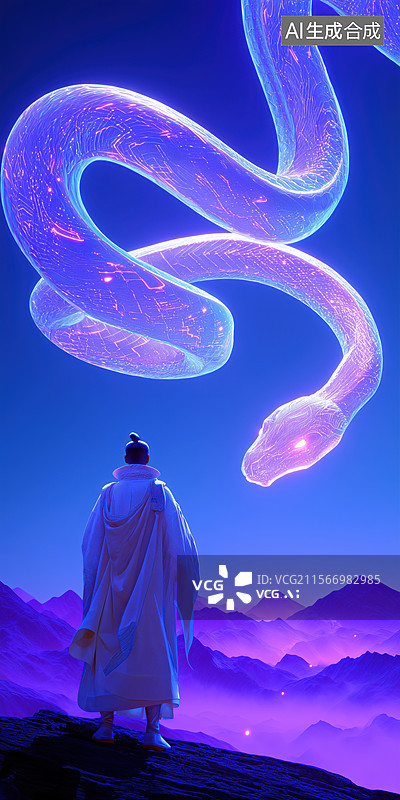 【AI数字艺术】夜晚霞光下汉服男子望着天空飞舞的蛇3D游戏特效插画图片素材