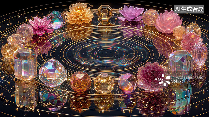 【AI数字艺术】黑底桌面黄金宝石环绕大颗华丽宝石图案3D立体插画图片素材
