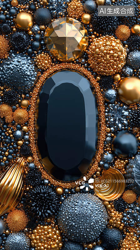 【AI数字艺术】黑底桌面黄金宝石环绕大颗华丽宝石图案3D立体插画图片素材