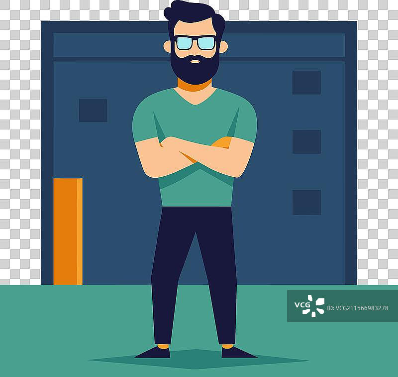 戴眼镜和胡子的男人双臂交叉站立图片素材