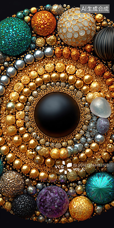 【AI数字艺术】黑底桌面黄金宝石环绕大颗华丽宝石图案3D立体插画图片素材