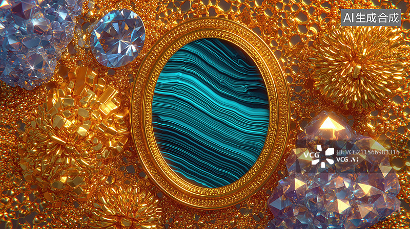 【AI数字艺术】黑底桌面黄金宝石环绕大颗华丽宝石图案3D立体插画图片素材