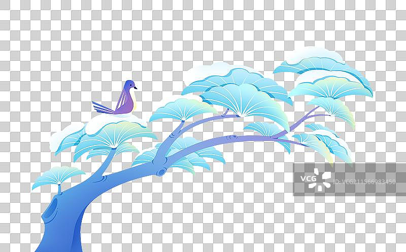 二十四节气冬天小寒松柏树上的积雪与休憩的小鸟插画元素图片素材