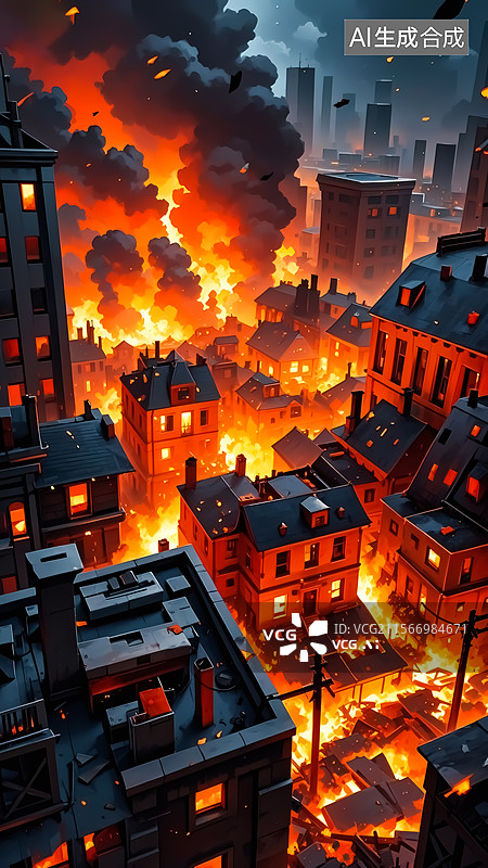 【AI数字艺术】城市中房屋燃烧与浓烟弥漫场景图片素材