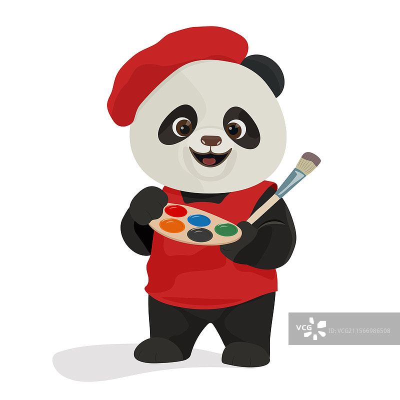 搞笑的熊猫艺术家正在用五彩调色板作画图片素材