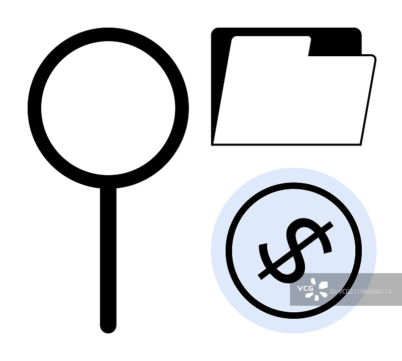 放大镜、文件夹和美元硬币图片素材