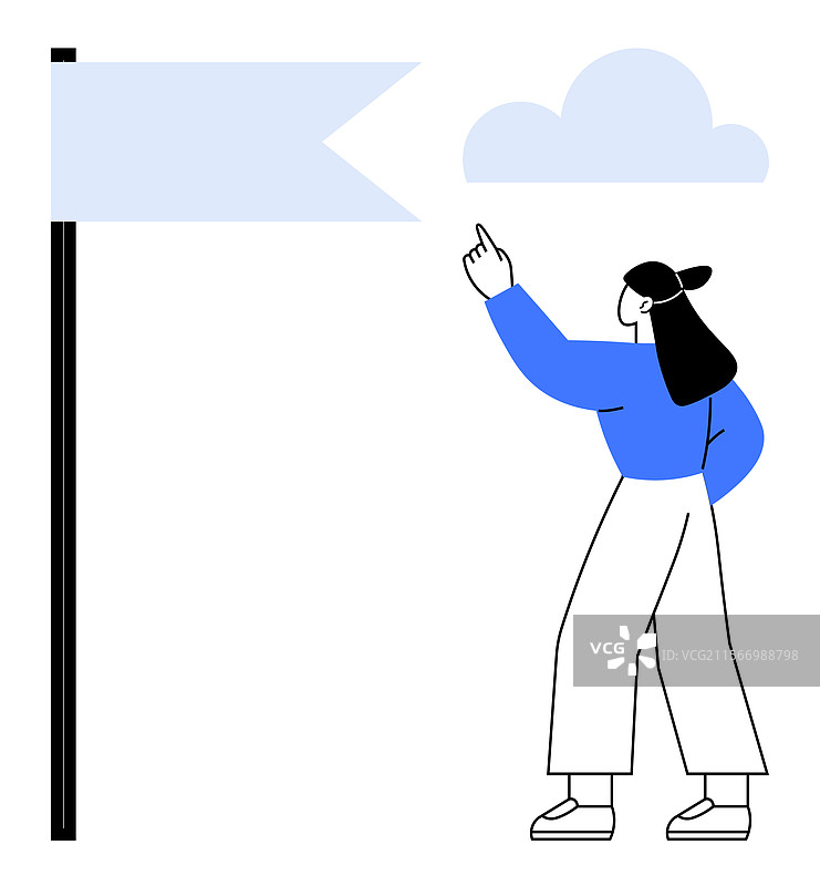 女人指着高杆上的三角旗图片素材