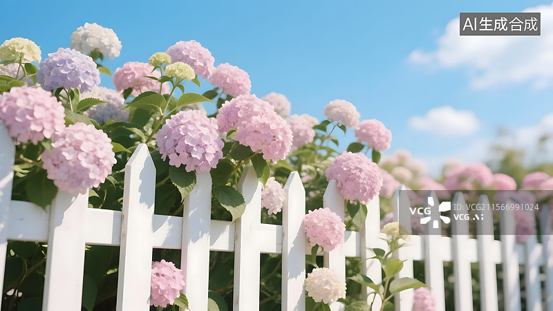 【AI数字艺术】白色围栏里的绣球花图片素材