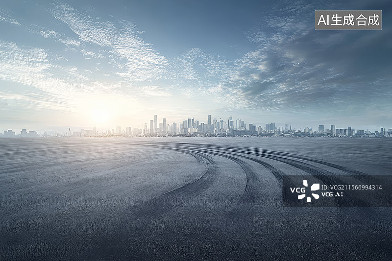 【AI数字艺术】城市天际线前的轮胎痕迹图片素材