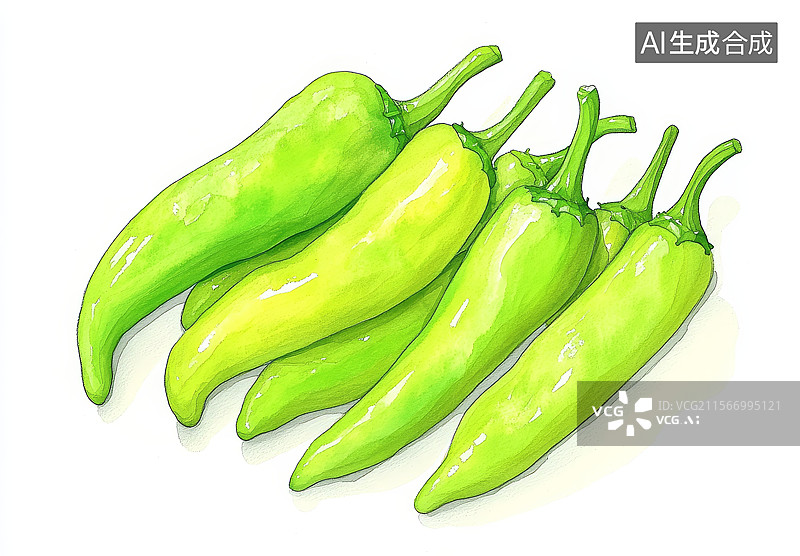 【AI数字艺术】五个绿色辣椒的插画图片素材