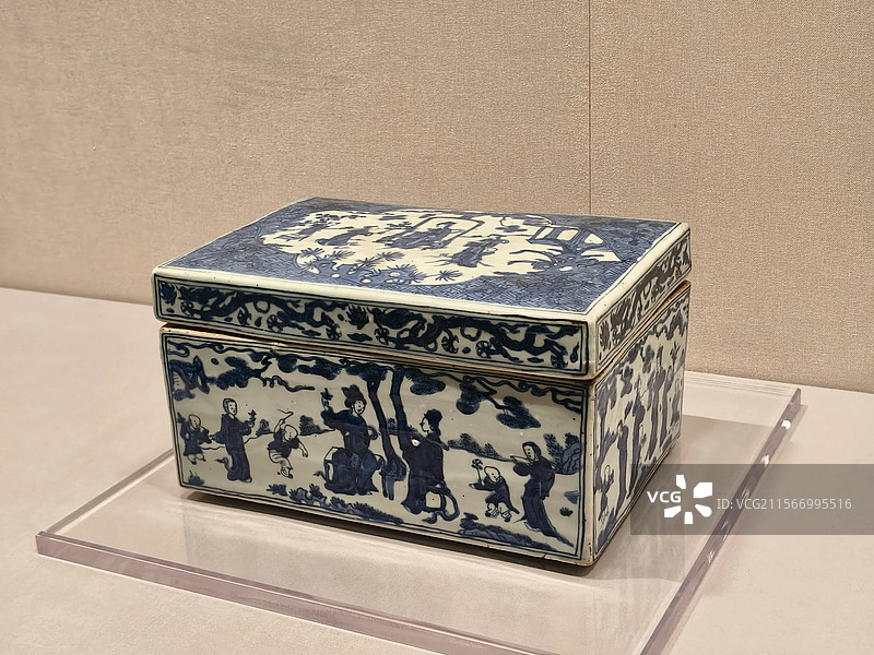 隆庆款青花人物图长方盒 明 天津博物馆图片素材
