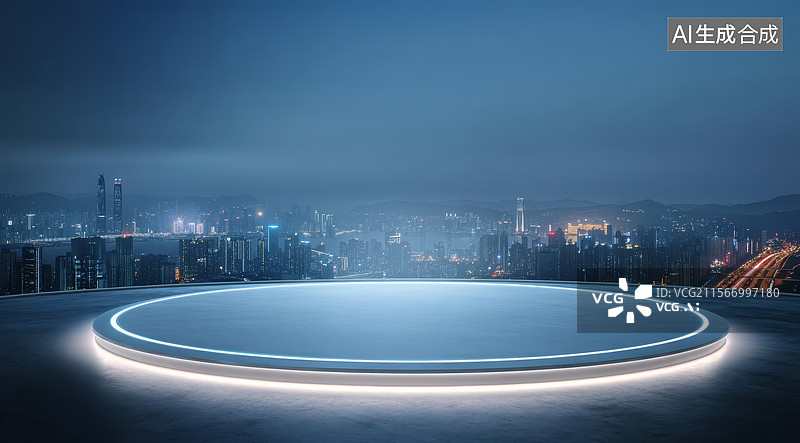 【AI数字艺术】城市天际线前的圆形发光平台图片素材