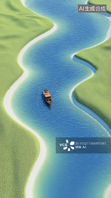 【AI数字艺术】小船在蜿蜒河流中的航拍视角图片素材