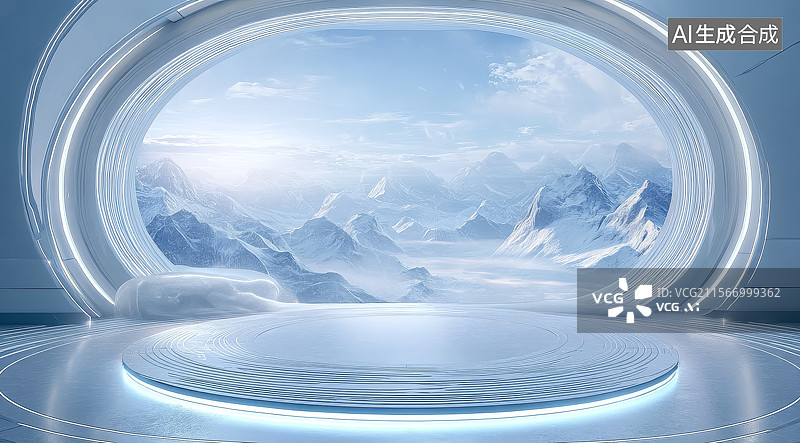 【AI数字艺术】未来科技风格的圆形舞台与雪山背景图片素材