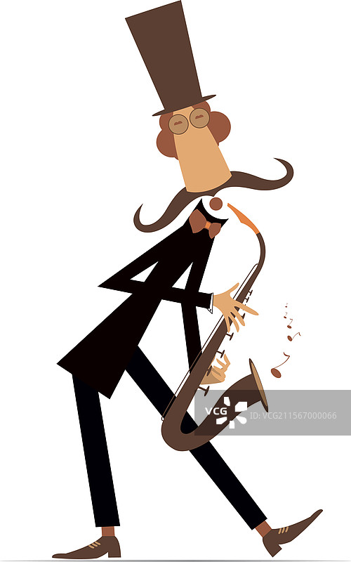 卡通长胡子的萨克斯演奏者戴着高顶帽图片素材