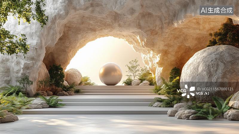 【AI数字艺术】白色岩石洞穴中的圆形发光门图片素材