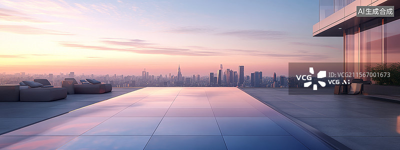 【AI数字艺术】日落时分的城市天际线和屋顶泳池图片素材