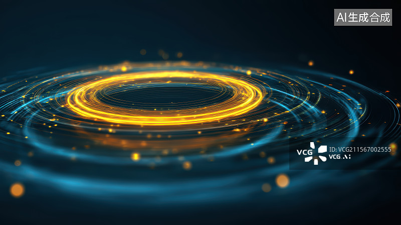 【AI数字艺术】蓝色背景上的金色发光动感圆环形底座，全息平台科技背景图片素材